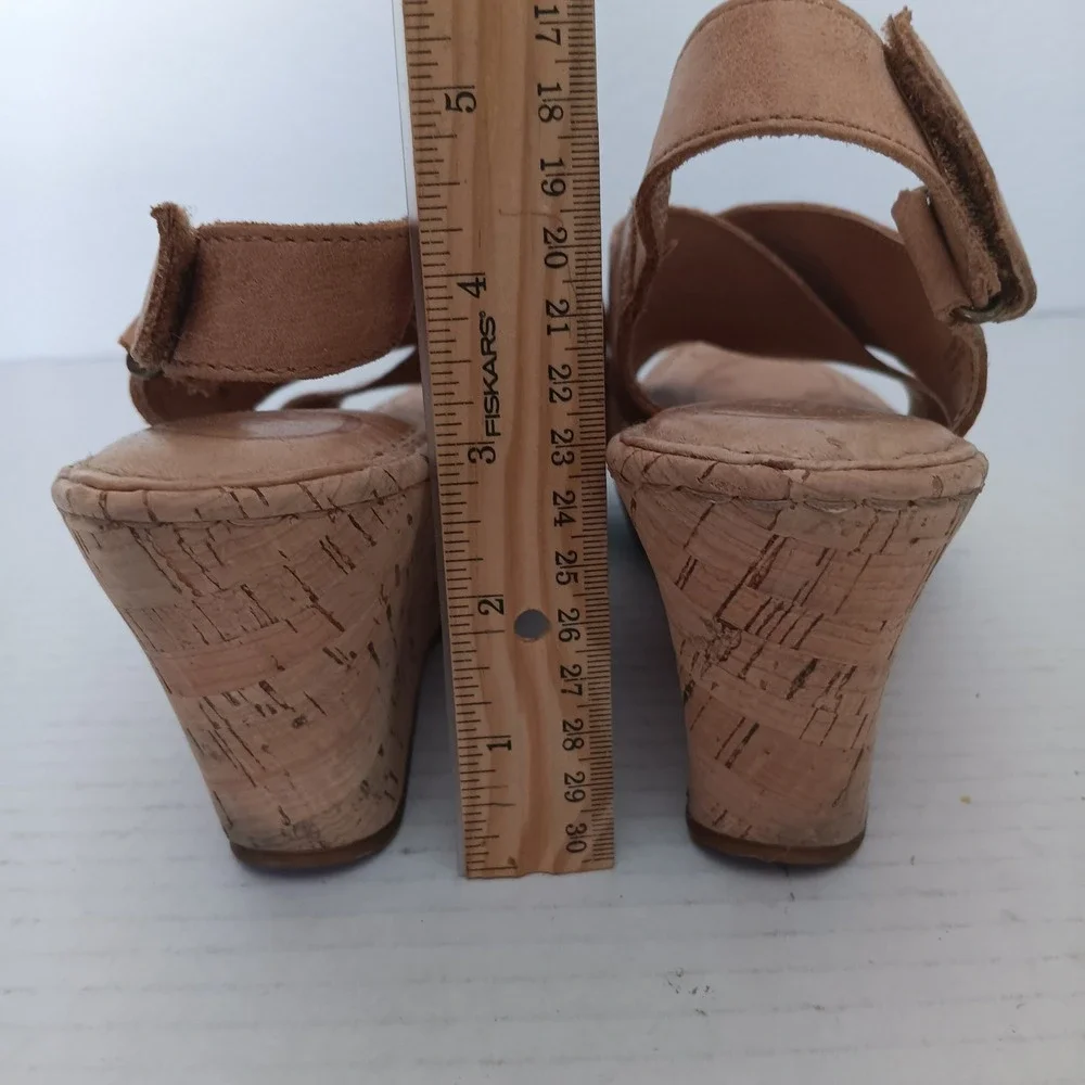 Born Wedge Sandals Womens 8 Tan Brown Leather Cross Strap Cork F19641 - Picture 3 of 7